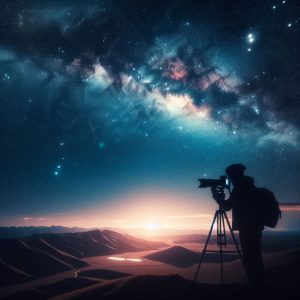 Iemand die de nachtelijke sterrenhemel fotografeerd